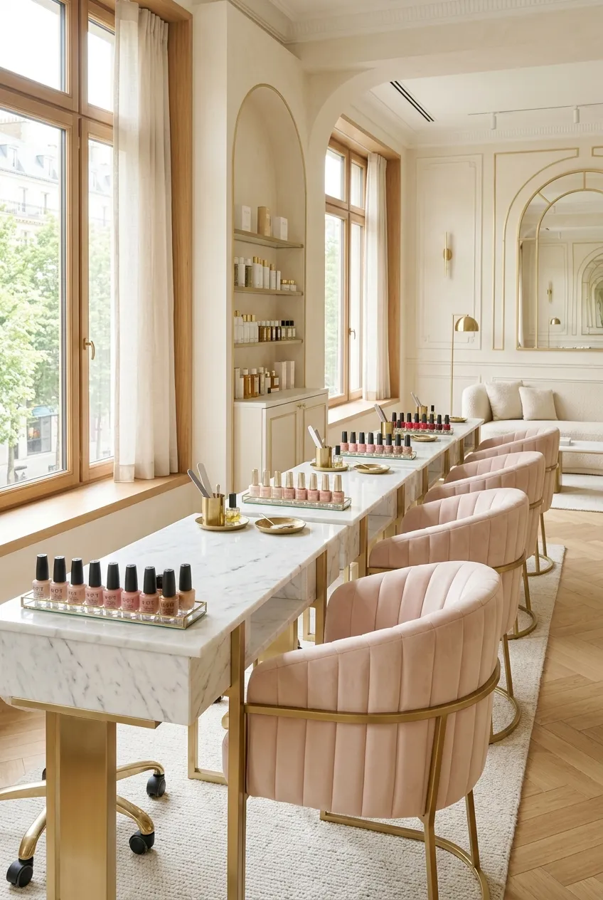 Bright, elegant nail salon interior with blush chairs and marble manicure tables